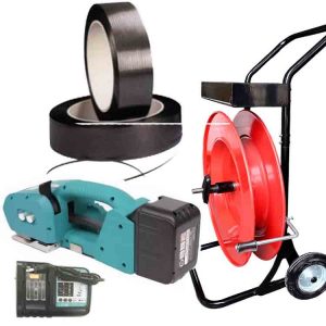 Pakkelintimiskomplekt NEO 9–16 mm PET/PP akuga, laadijaga, PET-pakkelindi ja pakkelindi käruga