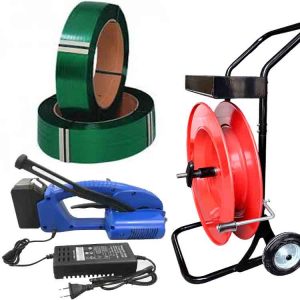 Kaubaaluste pakkimiskomplekt JET 12-16 mm PET/PP akuga, laadijaga, PET-pakkelint 12 mm, pakkelindi käru