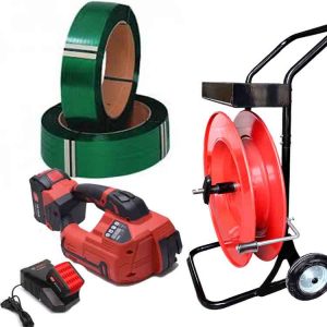 Plastikust pakkimiskomplekt TITAN 10-16mm PET/PP akuga, laadijaga, PET pakkelint 12mm, lindikäru