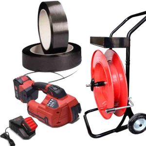 Polüpropüleenist pakkelindi komplekt TITAN 10-16mm PET/PP akuga, laadijaga, 12mm PP pakkelindiga, lahtikerimiskäruga